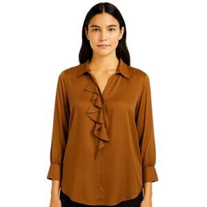 Zara Woman Ruffle Front Tunic Blouse in Caramel – EUC Size XS